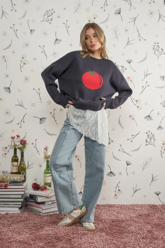 Roma Tomato Intarsia Knit Crew Sweater