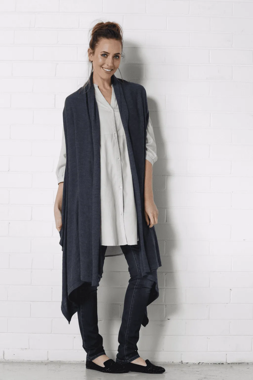 SANCHA Long Poncho Vest - Navy