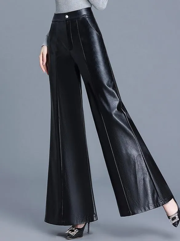 Stylish High-waisted PU Leather Flare Pants