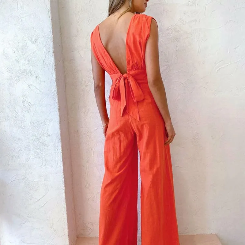 Stylish Vibrant Orange Loose Sleeveless Wide Pants Cotton Jumpsuit