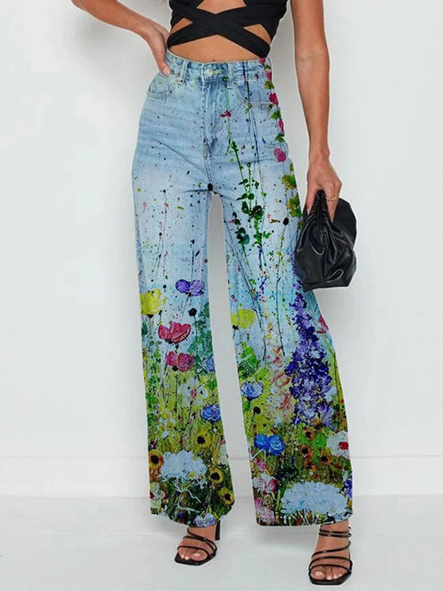 Women's Casual Printed Wide-Leg Pants Imitation Jeans